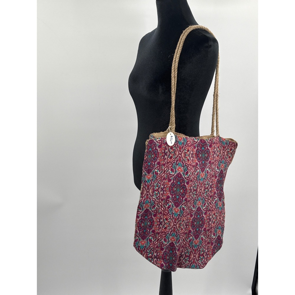 Karma Highway Bohemian Paisley Tote Bag Rope Straps Jute Lining Burgundy Teal